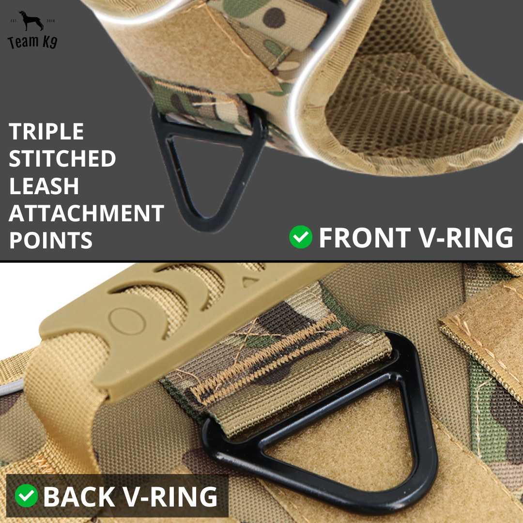 NEW Upgraded Tactical No-Pull Team K9™ Dog Harness with 4 Quick-Release Metal Buckles, Reinforced Front & Back D-Rings, Hook & Loop Panels, Adjustable Straps, Reflective Strips, & Top Handle