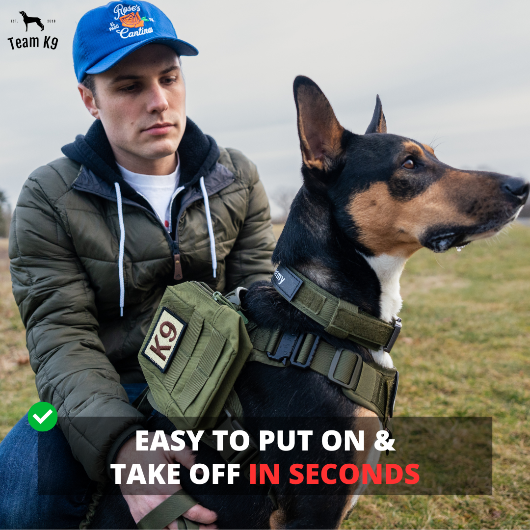 NEW Upgraded Tactical No-Pull Team K9™ Dog Harness with 4 Quick-Release Metal Buckles, Reinforced Front & Back D-Rings, Hook & Loop Panels, Adjustable Straps, Reflective Strips, & Top Handle