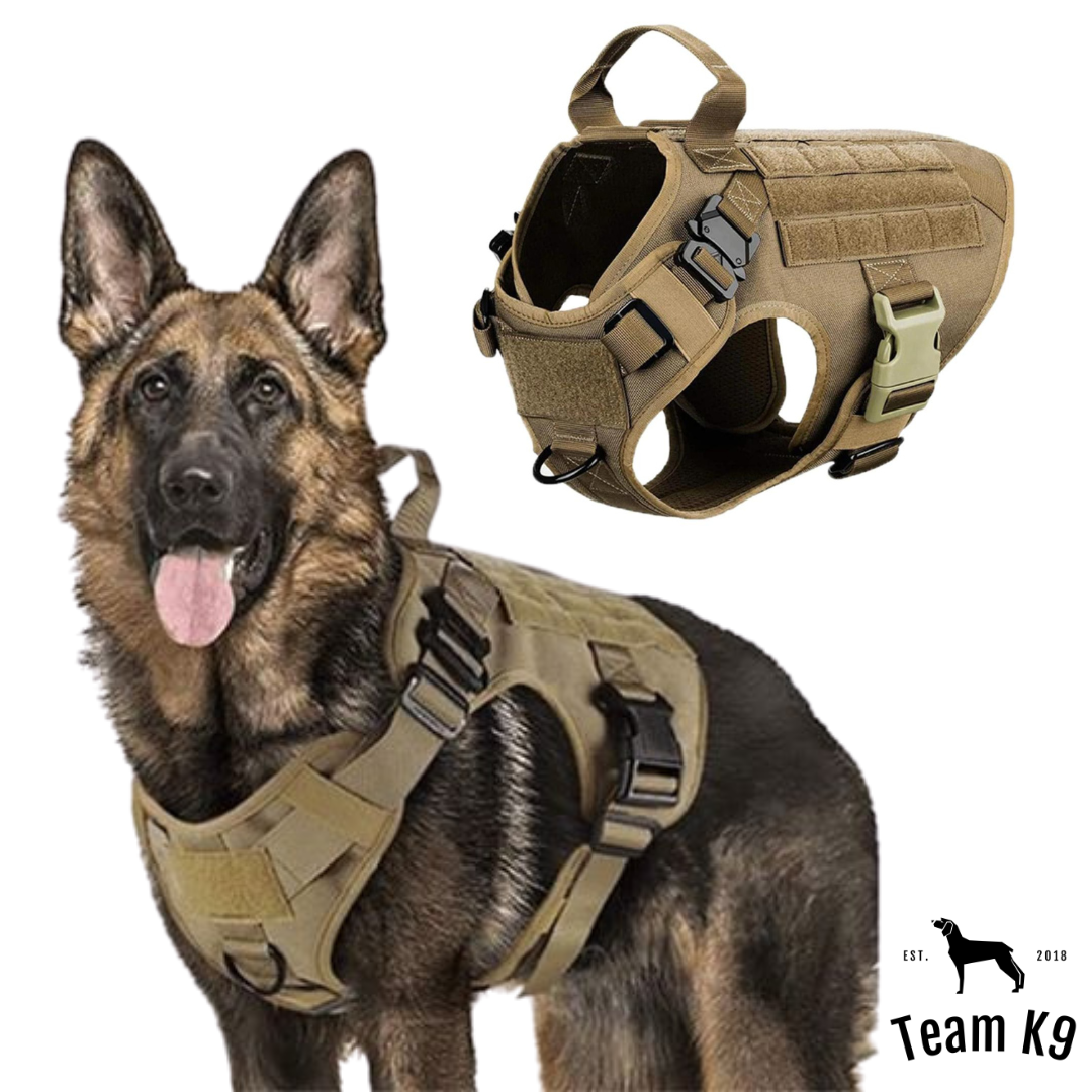 Classic Heavy-Duty Tactical No-Pull Team K9™ Dog Harness With Front & Back D-Rings, Quick-Release Metal-Buckles, Hook & Loop Panels, & Top Handle
