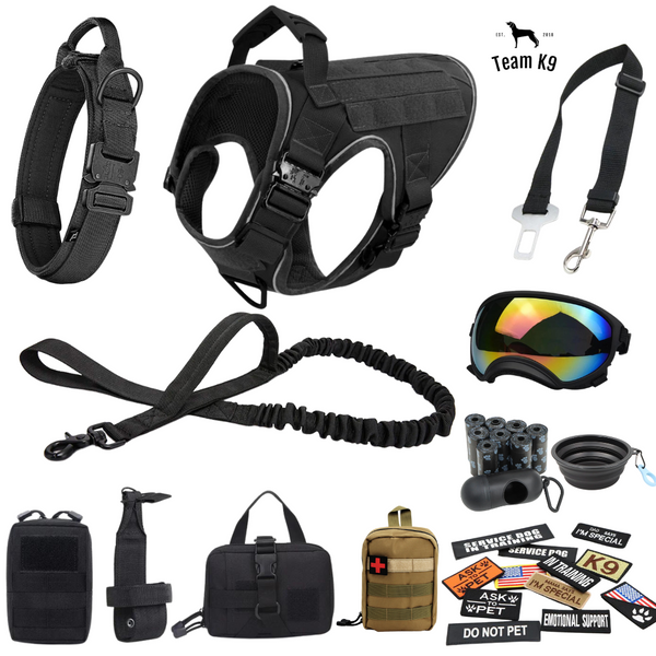 10-In-1 Tactical K9 Harness System - Full Set Dog Harness Bundle (Includes: Tactical No-Pull Dog Harness + Bungee Leash + Collar + MOLLE Pouches + First Aid Kit + 12 Hook & Loop Patches + Dog Goggles + Safety Belt + Travel Water Bowl + Dog Waste Bags)