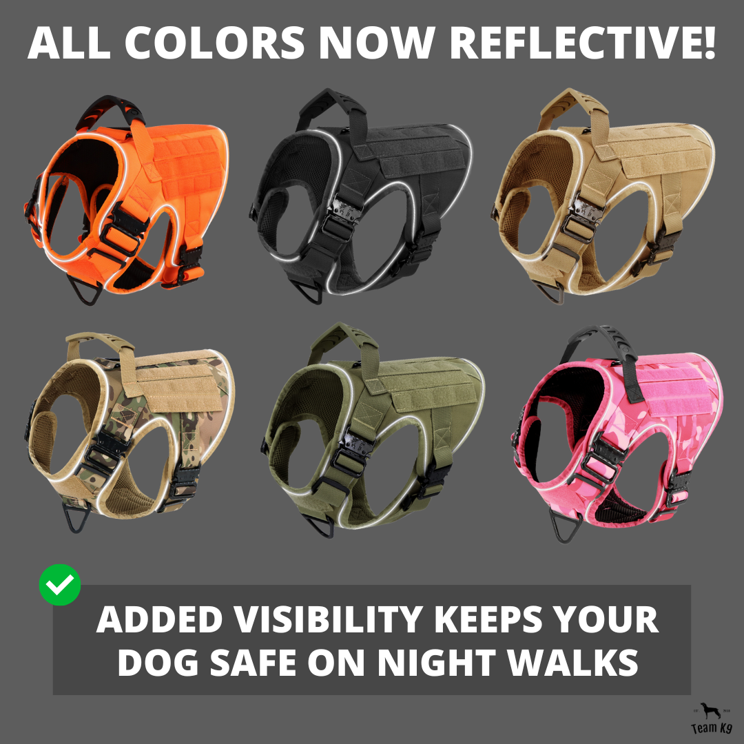 NEW Upgraded Tactical No-Pull Team K9™ Dog Harness with 4 Quick-Release Metal Buckles, Reinforced Front & Back D-Rings, Hook & Loop Panels, Adjustable Straps, Reflective Strips, & Top Handle